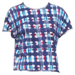 CHANEL 17P Runway blue red check CC logo print silk trim crop top FR36 S