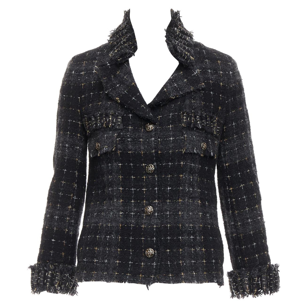 Chanel 08A Giacca in tweed fantasia passerella nero grigio argento oro lana applique FR36