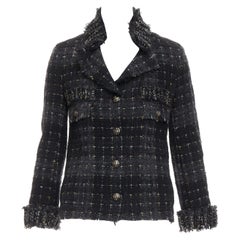 CHANEL 08A Runway Fantasy Tweed black grey silver gold wool applique jacket FR36
