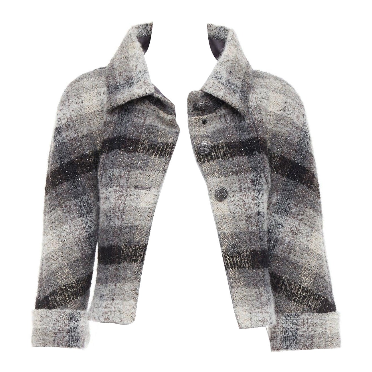 CHANEL 18B Fantasy tweed grey checked sequinned wool crop jacket FR38 M