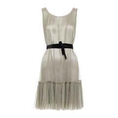 LANVIN 2006 100% silk olive green sheer tulle belted cocktail dress FR36 S