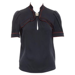 GUCCI 2007 Vintage black silk gold GG logo charm red piped top IT38 XS
