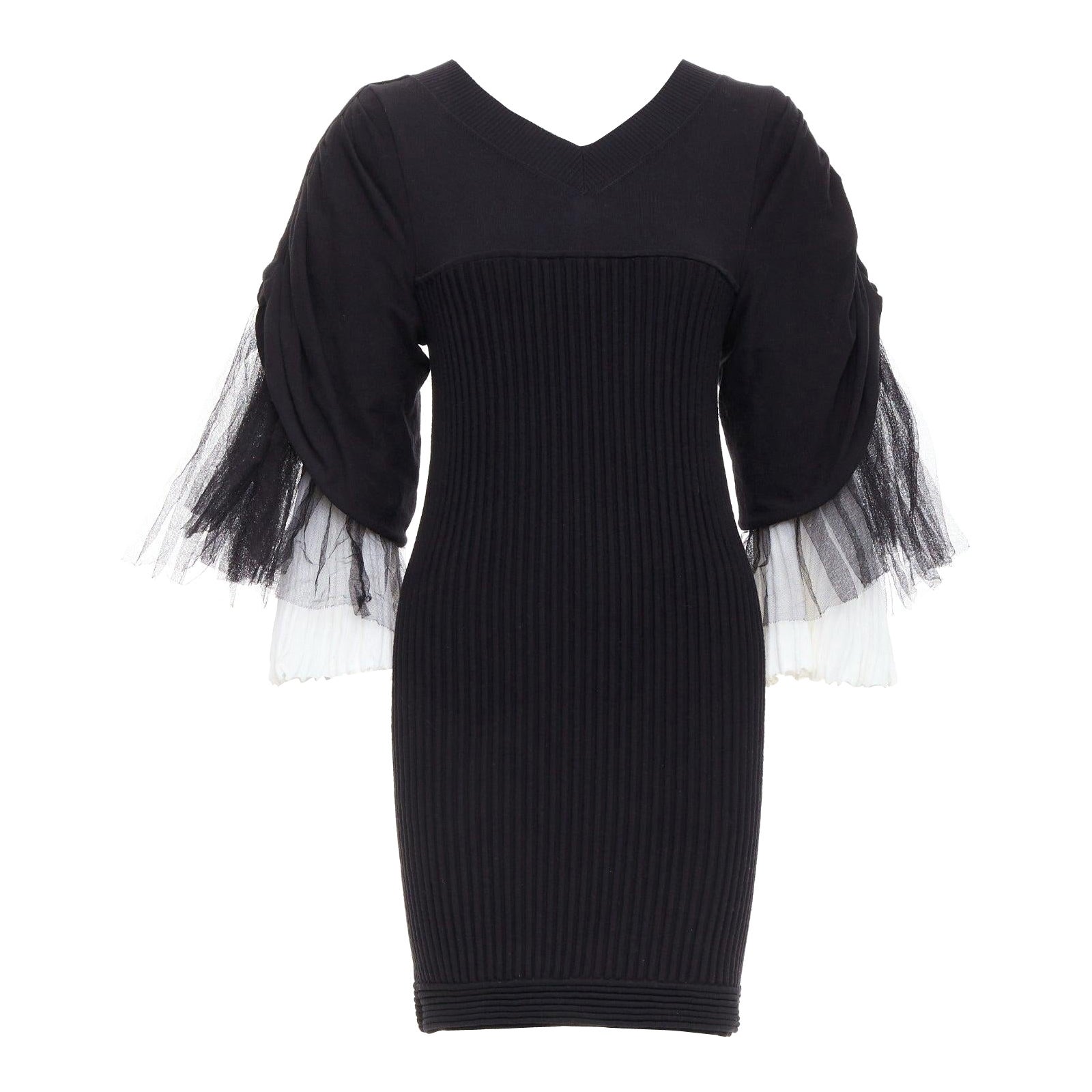 CHANEL 09P Laufsteg Vintage Schwarzes Kleid aus cremefarbener Baumwolle mit Tüllärmeln FR38 M im Angebot