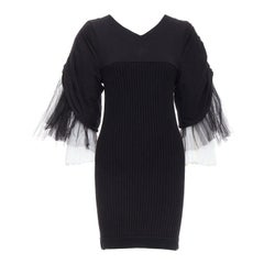 CHANEL 09P Pasarela Vintage negro crema algodón soplo tul manga vestido FR38 M