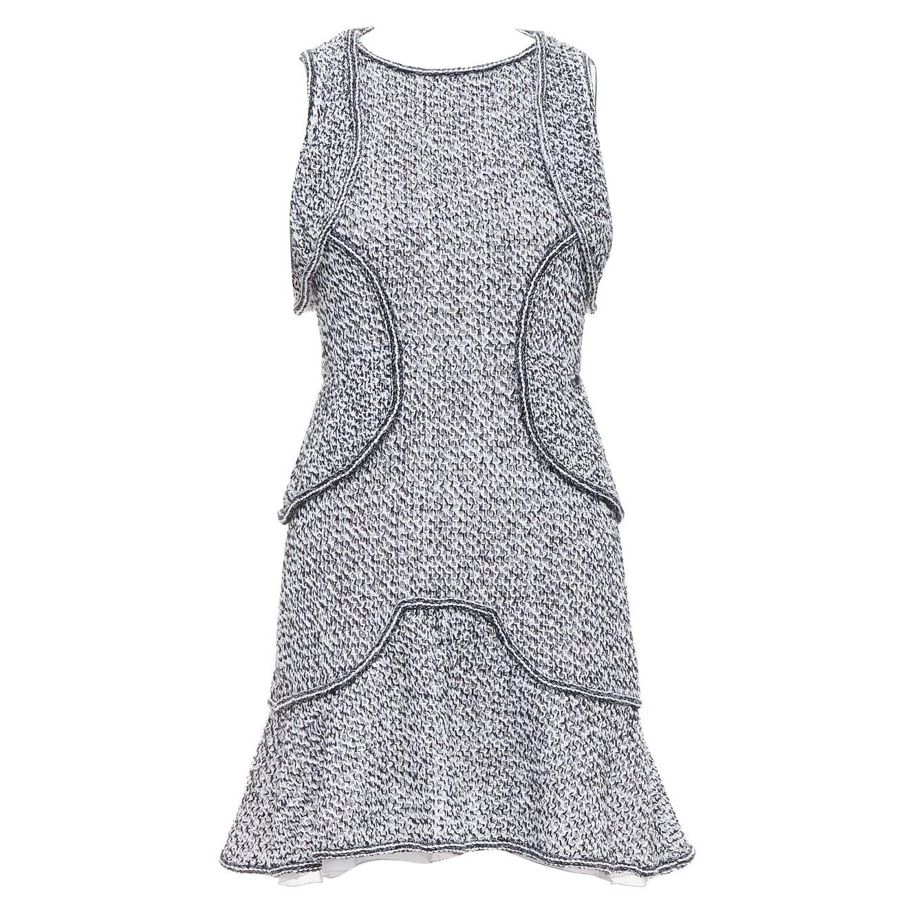 CHANEL 2015 Runway grey cotton tweed CC button ruffle dress FR36 S For Sale