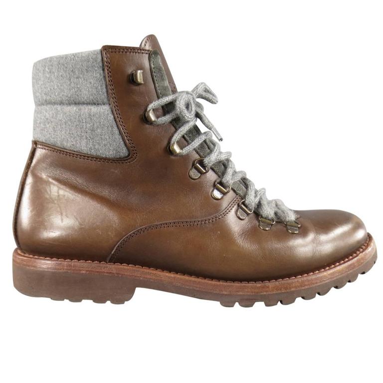Men's BRUNELLO CUCINELLI Size 10 Brown Leather Gray Padded Ankle Hiking Boots at 1stDibs