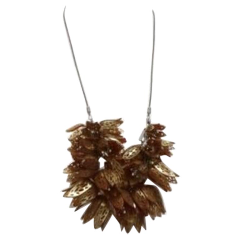 rare BURBERRY brown acetate metal 3D flowers black coated rope necklace