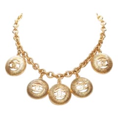 CHANEL Vintage gold CC medallion coin charm short chain necklace