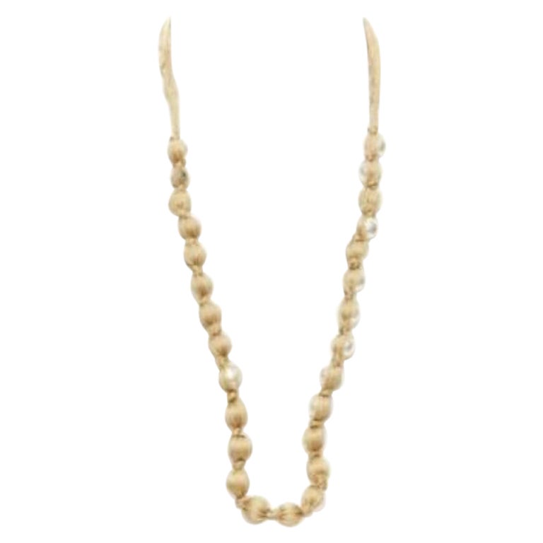 LANVIN ALBER ELBAZ gold silk ribbon cream pearl wrap long necklace For Sale