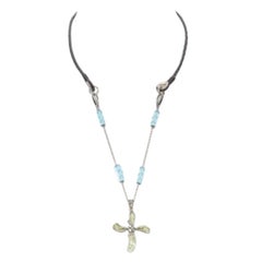 DOLCE GABBANA faux emerald blue beads Bytantine cross  leather opera necklace