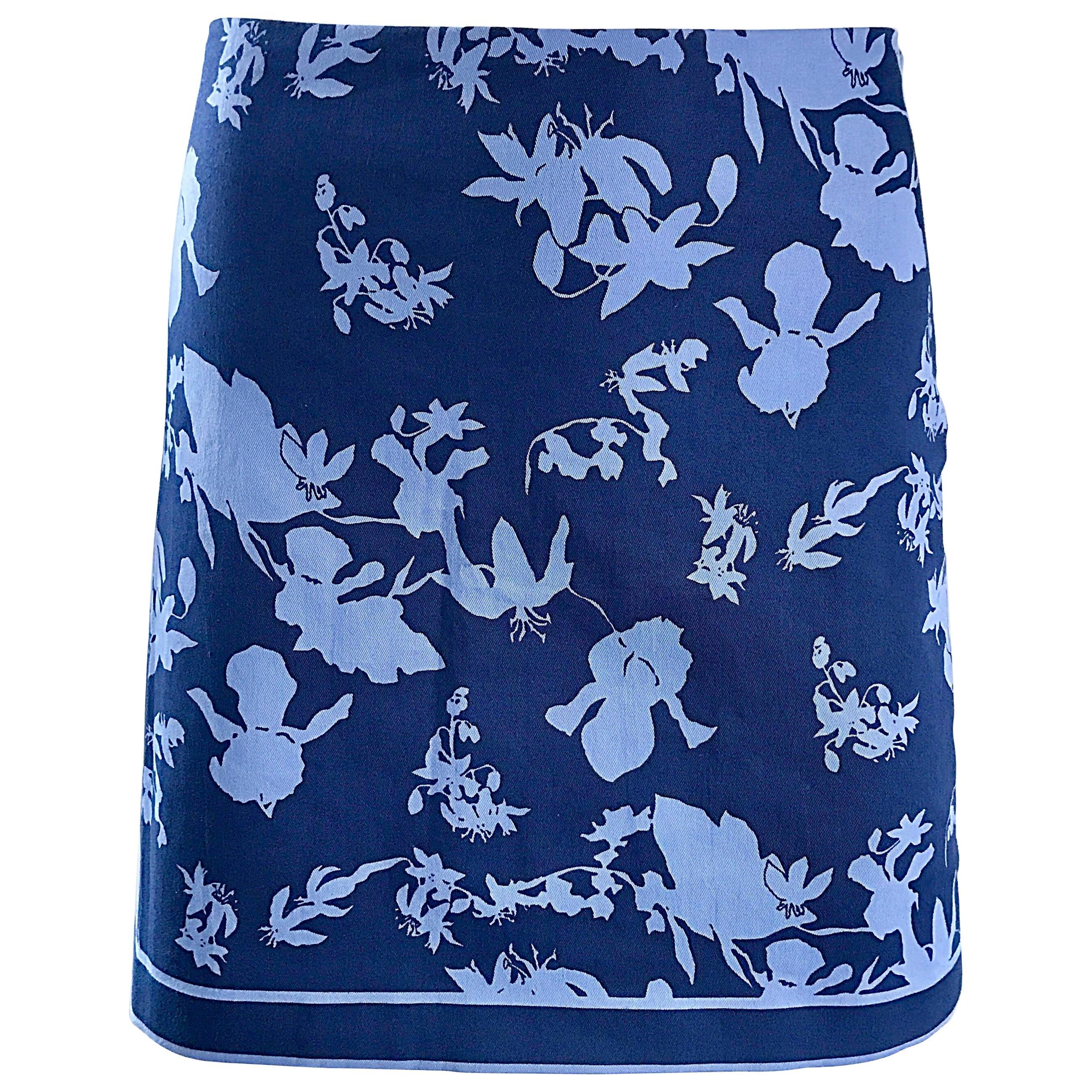 New Michael Kors Collection Size 8 Navy + Light Blue Nautical Cotton Mini Skirt For Sale
