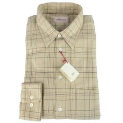 Men's New BRIONI SPORT Size L Beige PLaid Cotton Long Sleeve Shirt