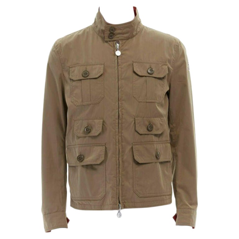 MONCLER Colisee, giacca da campo reversibile in cotone beige con tasca a patta e foderata in nylon rosso