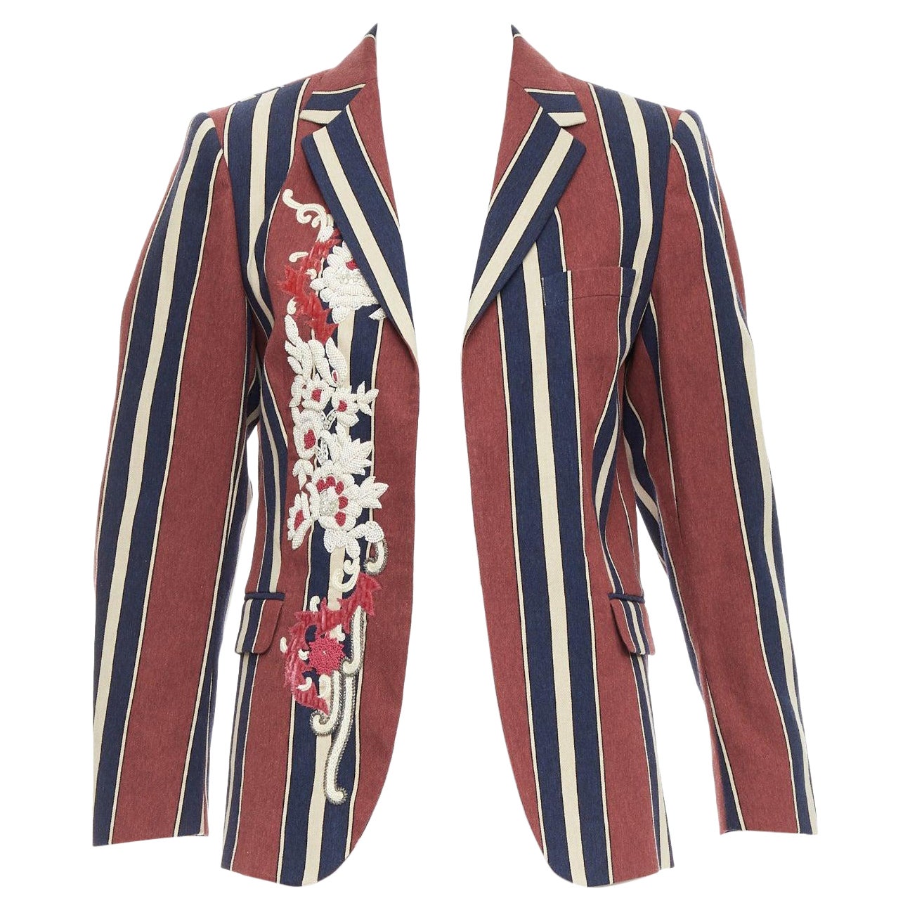 DRIES VAN NOTEN blazer rayé bordeaux marine perlé floral en laine et lin FR36 S