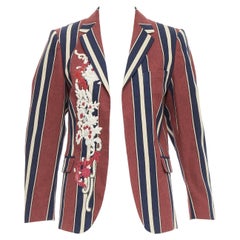 DRIES VAN NOTEN blazer in lana e lino a righe floreali bordeaux navy FR36 S