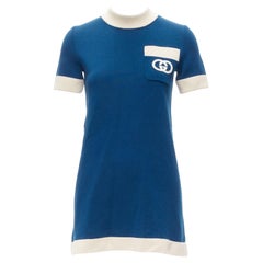 GUCCI 2023 blue cream 100% wool GG logo embroidery pocket mod dress XXS