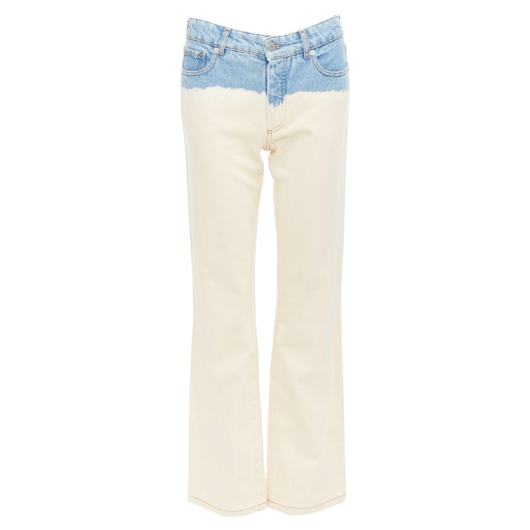 DRIES VAN NOTEN 2023 cream blue ombre dip dye mid waist wide jeans 27"2 For Sale