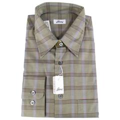 Used Men's New BRIONI Size L Olive Green Plaid Cotton Long Sleeve Shirt