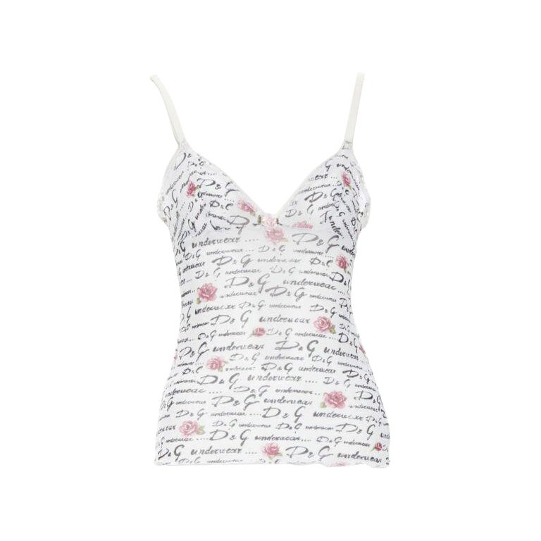 D&G DOLCE GABBANA Underwear white logo rose mesh lace trim cami tank top M For Sale