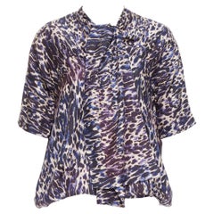 DRIES VAN NOTEN, chemisier violet 100 % soie imprimé léopard à nouer devant FR36 S