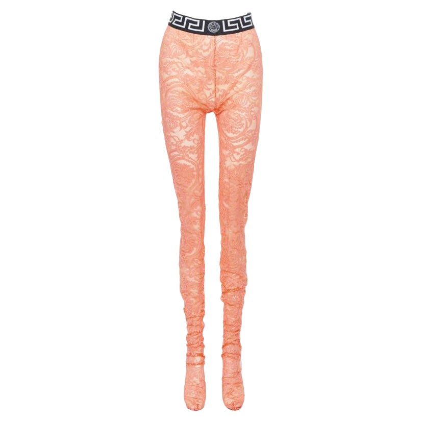 VERSACE Underwear Medusa Greca Taille Band orange geblümte Spitze tights M im Angebot