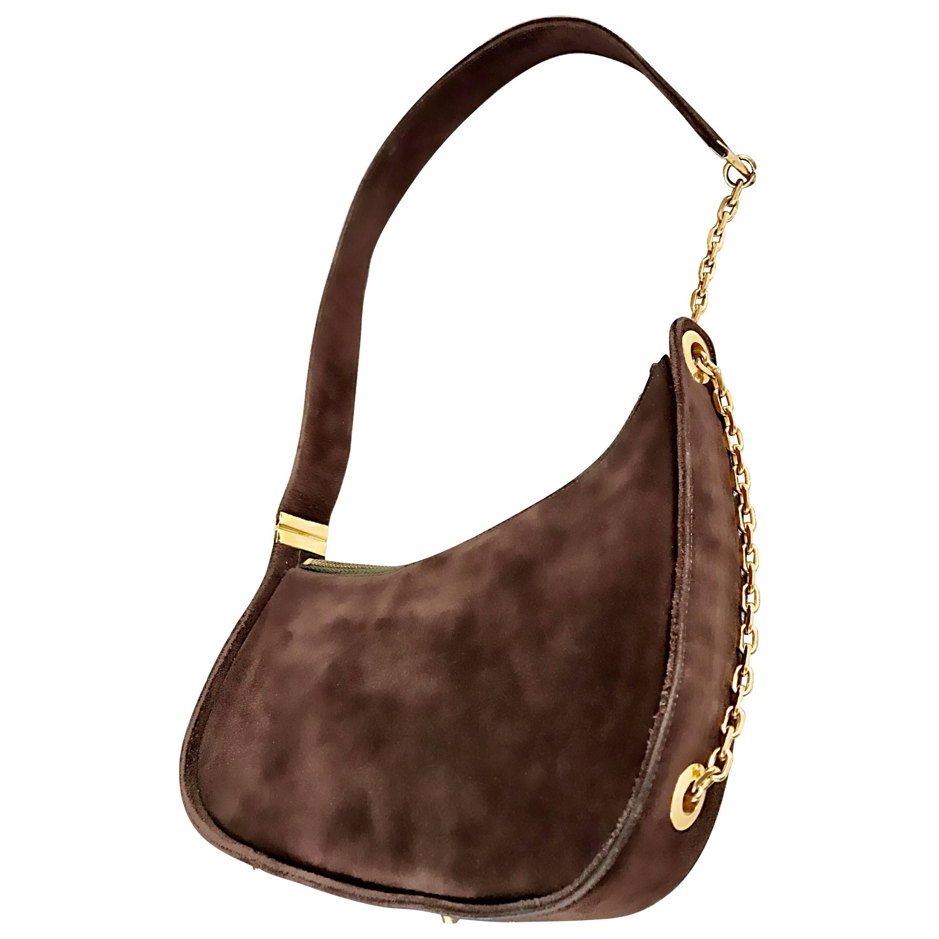 1950s Koret Chocolate Brown Suede Leather Avant Garde Handbag Gold Chain Purse