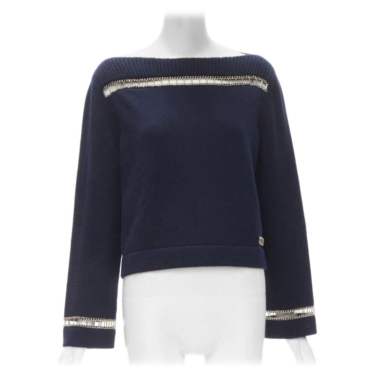 CHANEL 2020 Runway 100% cashmere navy gold chain trim boat neck sweater FR38 For Sale