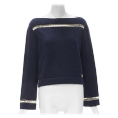 CHANEL 2020 Runway Jersey cuello barco 100% cachemira azul marino con cadena dorada FR38