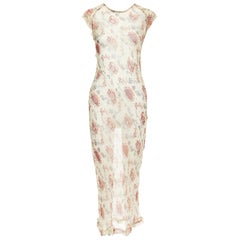 DRIES VAN NOTEN 1990 Vintage nude brown floral sheer bias cut dress FR38 M