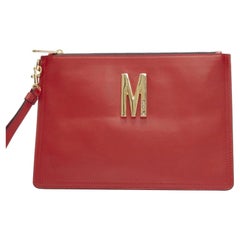MOSCHINO Couture! smooth red leather gold M top zip wristlet clutch bag