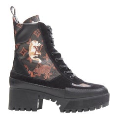 LOUIS VUITTON Catogram bota de combate negra con monograma de gato en ante EU37