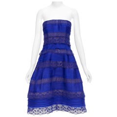 OSCAR DE LA RENTA 2014 blue lace trim overlay strapless cocktail dress US4 S
