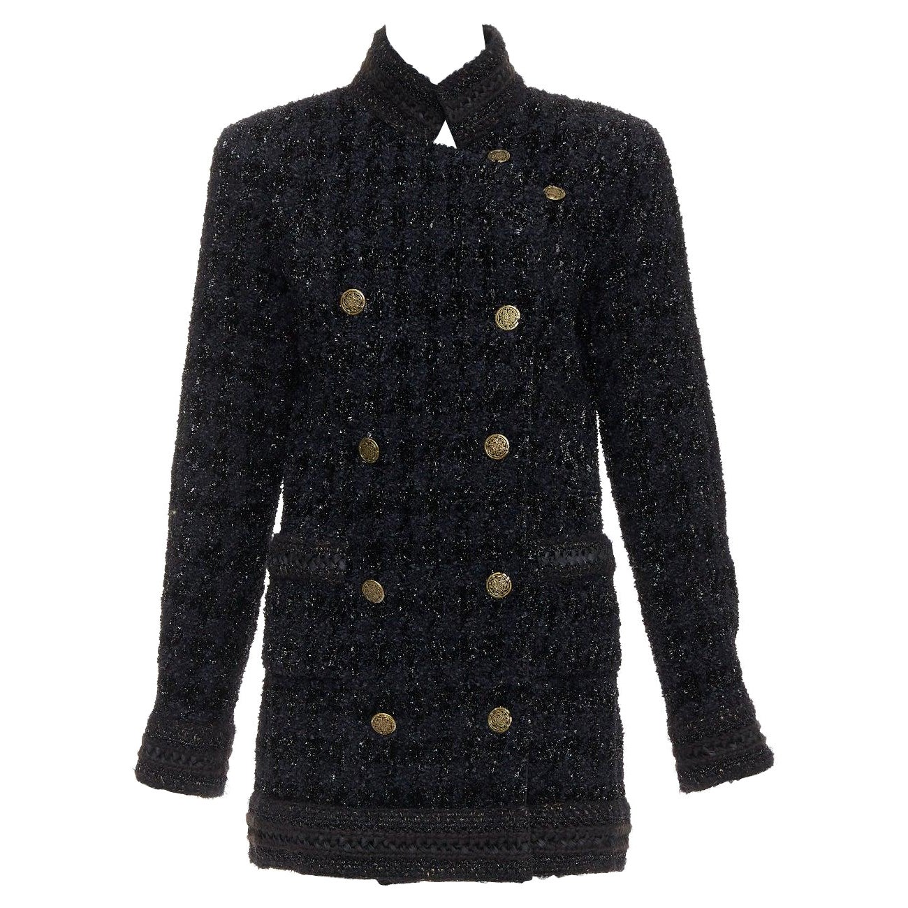 Chanel 10A Paris Shanghai Runway cappotto qipao nero a quadri metallizzati FR40 in vendita