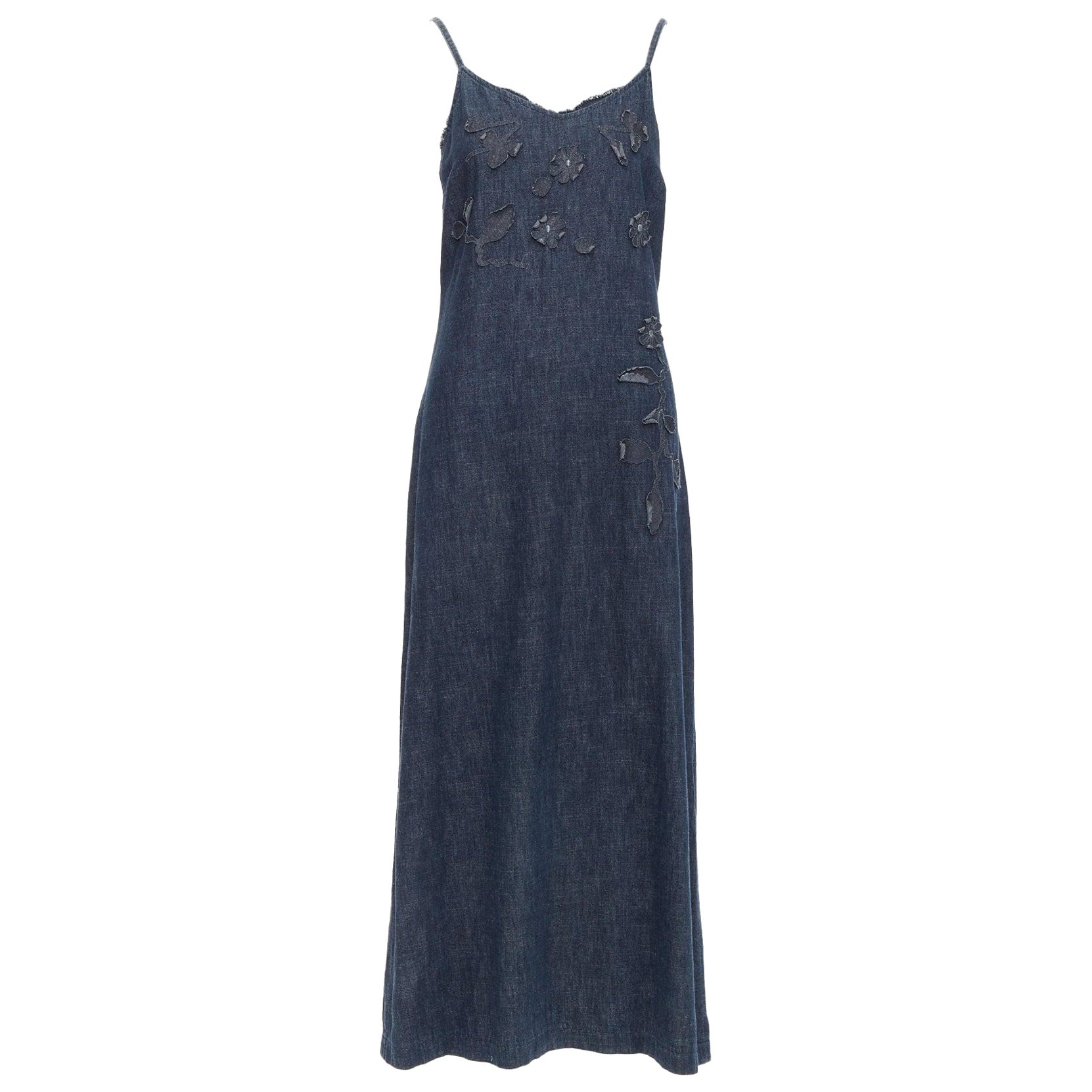 FENDI JEANS Vintage indigo  blue denim floral applique casual midi dress For Sale
