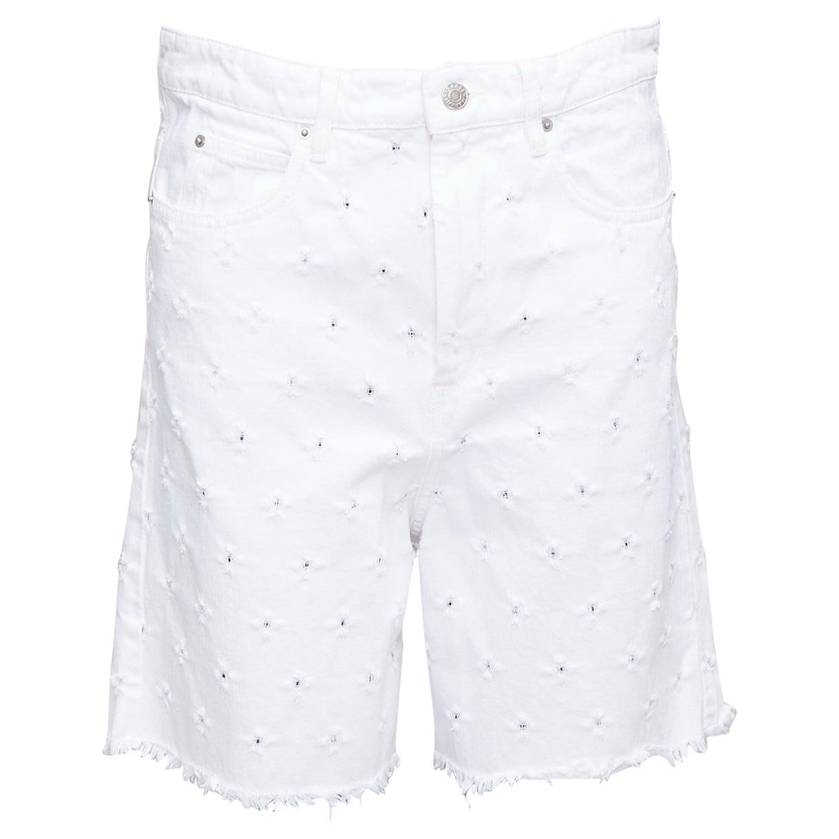ISABEL MARANT ETOILE Liny, pantaloncini in denim sfrangiati a fori bianchi FR38 M.