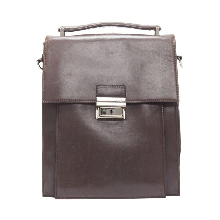Vintage FENDI brown buckle flap multi pocket top handle satchenl bag en vente