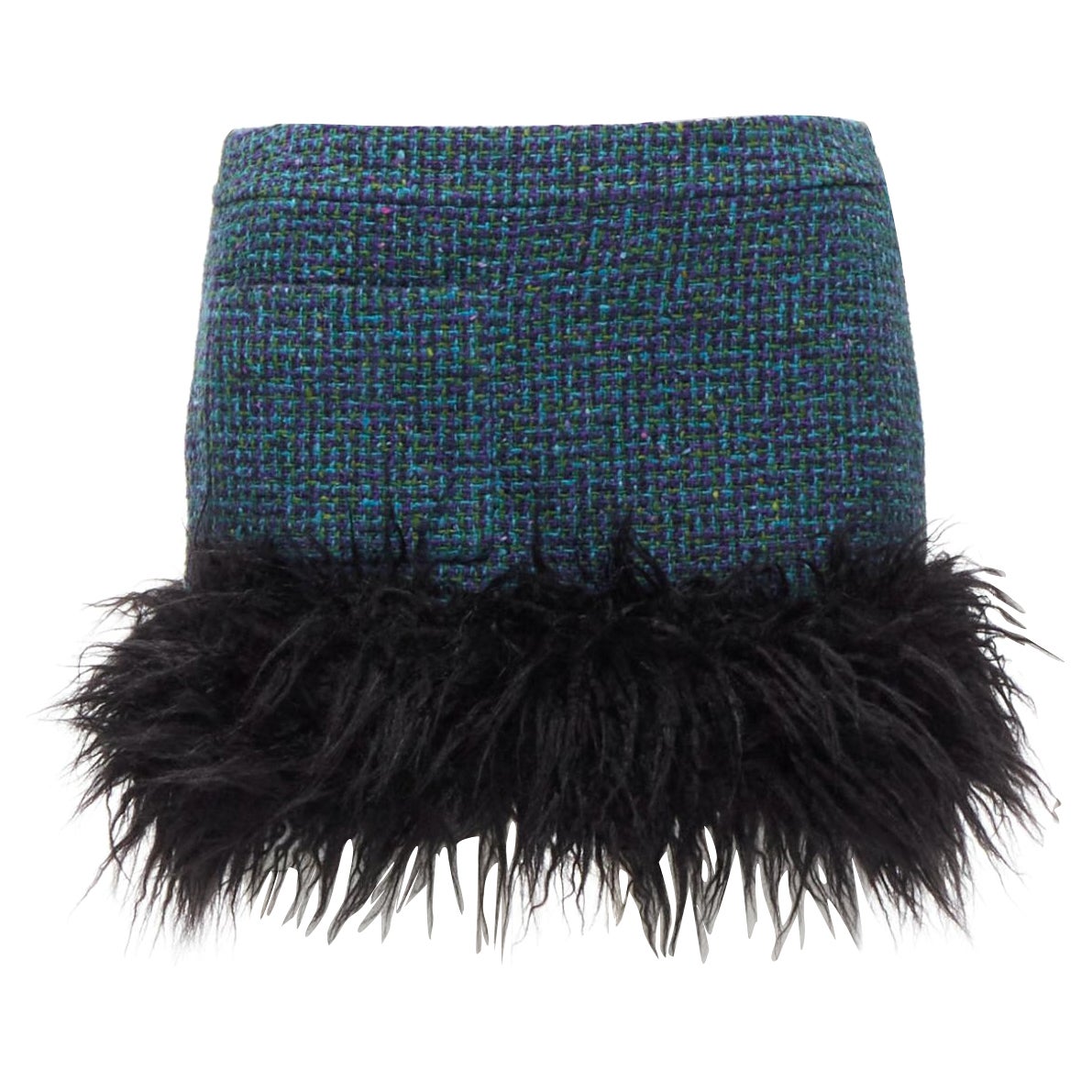 SAINT LAURENT 2022 blue tweed faux fur trim mini skirt FR38 M For Sale