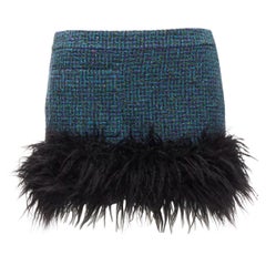 SAINT LAURENT 2022 Blauer Tweed-Minirock mit Kunstpelzbesatz aus Kunstpelz FR38 M