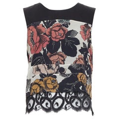 DRIES VAN NOTEN Top à ourlet en dentelle 100% soie noir rouge imprimé floral FR38 M