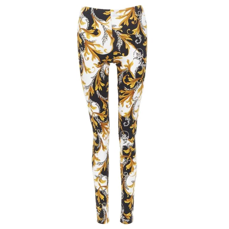 VERSACE Barocco Acanthus black gold Signature floral legging pants IT38 XS For Sale