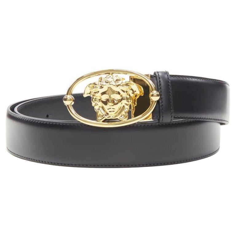 VERSACE La Medusa Insignia gold oval buckle black leather belt 110cm 42-46" For Sale
