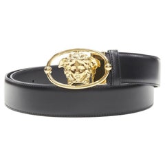 VERSACE La Medusa Insignia hebilla ovalada dorada cinturón de cuero negro 110cm 42-46"