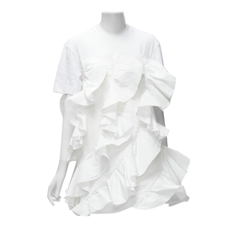 ALEXANDER MCQUEEN 2022 Hybrid white spiral ruffle cotton tshirt dress IT36 XS For Sale