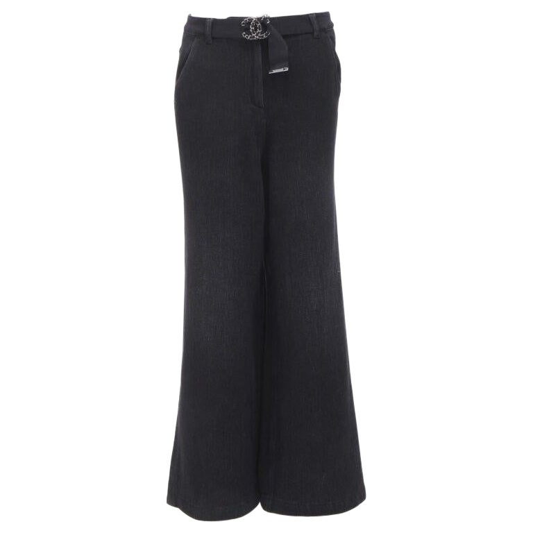 CHANEL Runway cotton black CC chain buckle belt wide leg bell bottom pants FR38 For Sale