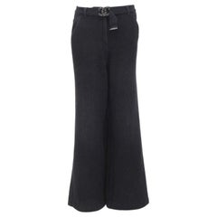CHANEL Runway cotton black CC chain buckle belt wide leg bell bottom pants FR38
