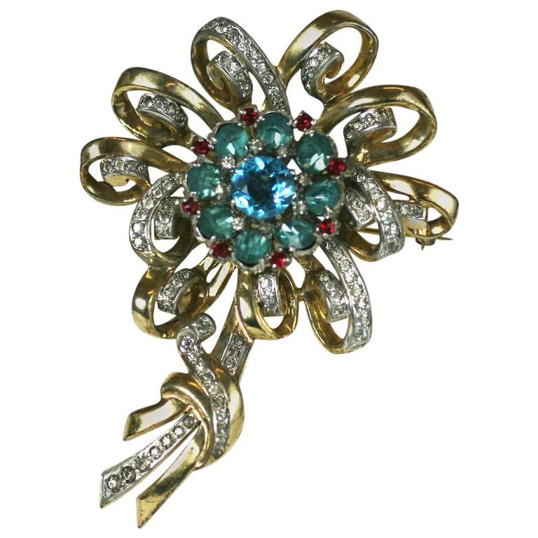 Belle Broche Vintage Grande En Or Avec Cristaux Colorés - Bijou Rétro Femme, état Impeccable