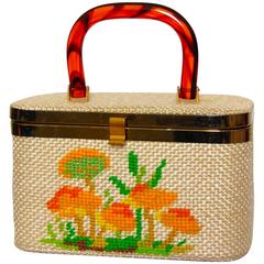 Unique Box Handbag with Embroidery and Tortoise Handle 1960s JL Bags Florida