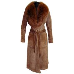 Foxy Suede Leather Coat with Huge Fur Collar by Rafael Italy 1970s Sz 8