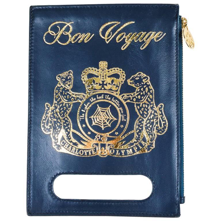 Charlotte Olympia NWOT Navy Blue & Metallic Gold Leather "Bon Voyage" Zip Pouch