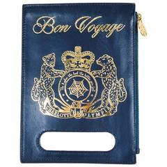 Charlotte Olympia NWOT Navy Blue & Metallic Gold Leather "Bon Voyage" Zip Pouch